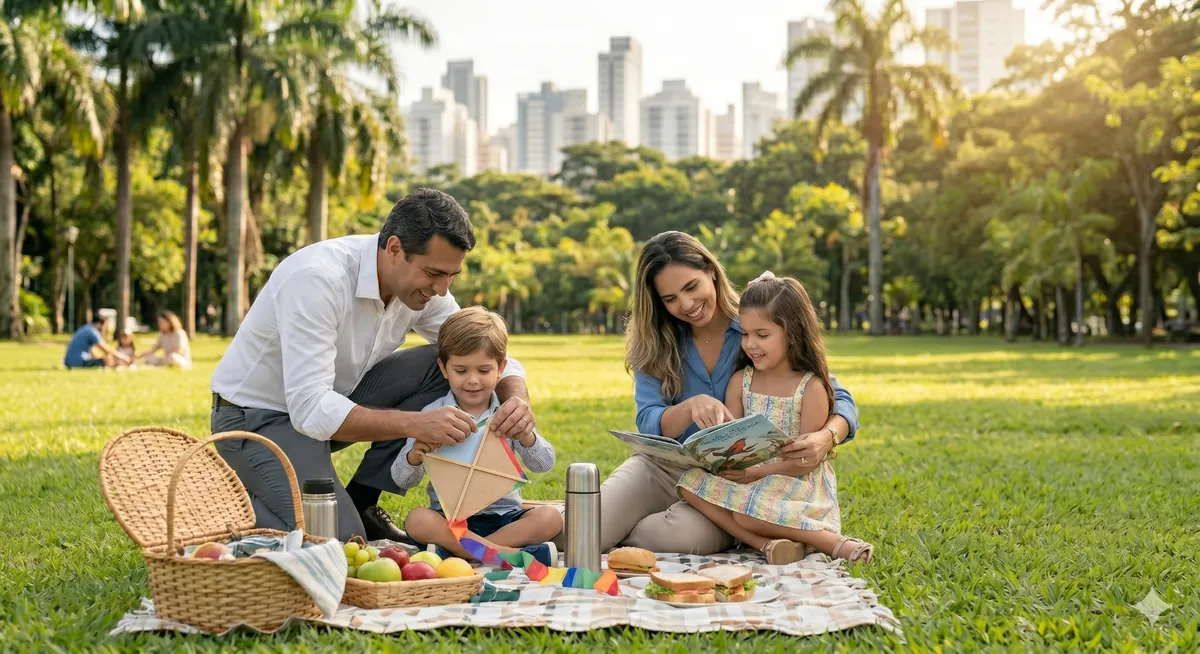 Família fazendo piquenique em parque urbano